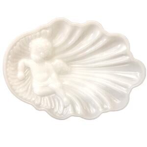 60's Avon Cherub Milk Glass Scalloped Rim Trinket, Soap, Candy, or Jewelry Dish